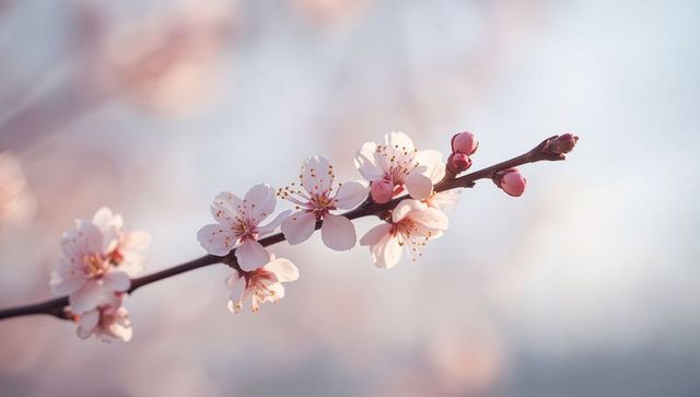 Cherry blossoms blooming on delicate branch with soft pastel bokeh background