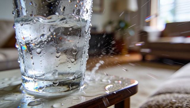 Condensation-covered glass splashing water across wooden side table with square coaster