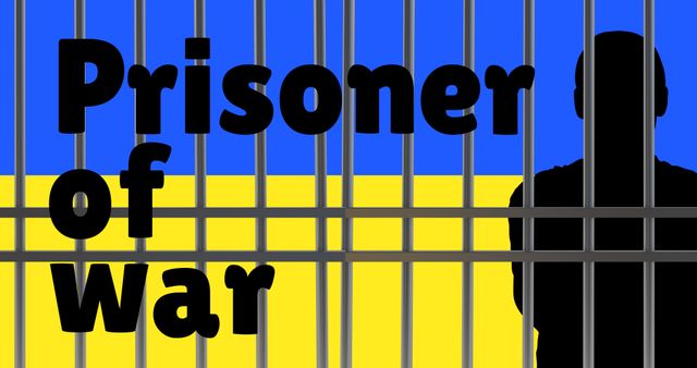 Illustration of man standing behind prison bar against ukraine flag with prisoner of war text. Copy space, national pow, military, imprison, honor, war, memorial event and patriotism concept.