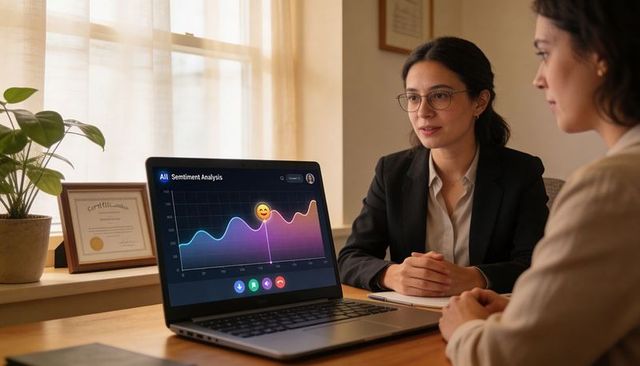 Businesswoman presenting sentiment analysis dashboard on laptop with emoji marker during meeting