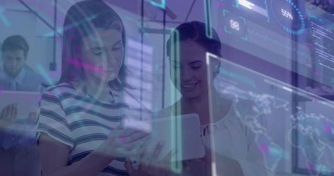 Business women collaborating with digital technology overlays