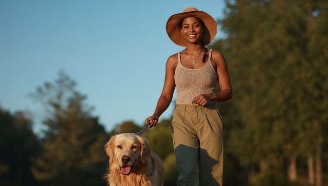 Smiling woman walking golden retriever on sunlit path wearing straw hat and khaki pants