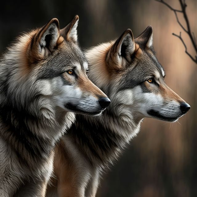 This image presents two wolves with their gaze fixed in the distance, highlighting their alert and attentive nature. Perfect for use in wildlife documentaries, educational materials about wild animals, environmental campaigns, and nature-inspired artistic projects. The image captures the essence of nature and the majesty of wolves in their natural habitat.