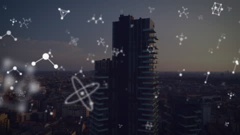 Futuristic Digital Graphics Over Urban Cityscape at Dusk