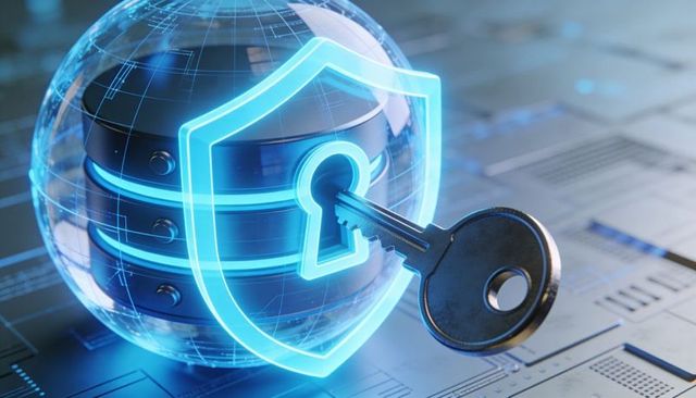 Neon shield unlocking secure server sphere with metallic key on futuristic circuit board