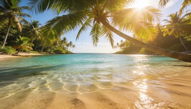 Sunlit tropical cove framing turquoise shallow water with leaning coconut palm