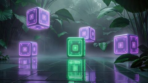 Futuristic neon cubes in surreal greenhouse setting