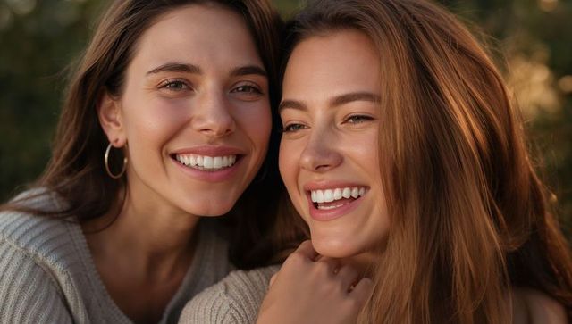 Sunlit friends laughing closely in beige knit sweaters with natural makeup and gold hoops