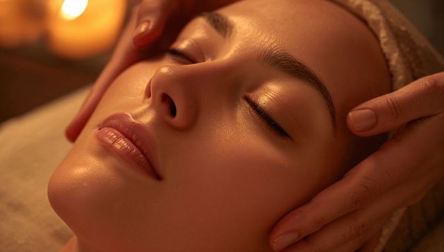 Serene facial massage closeup with warm candlelight, glowing skin, spa skincare relaxation