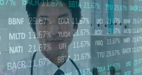 Smiling Doctor Overlaid with Digital Stock Market Data