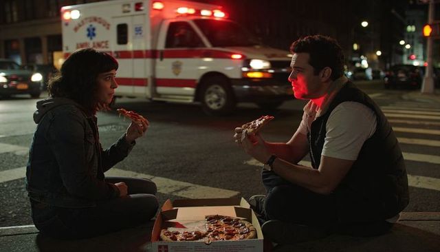 Couple sharing pizza on city crosswalk at night with flashing ambulance lights and neon