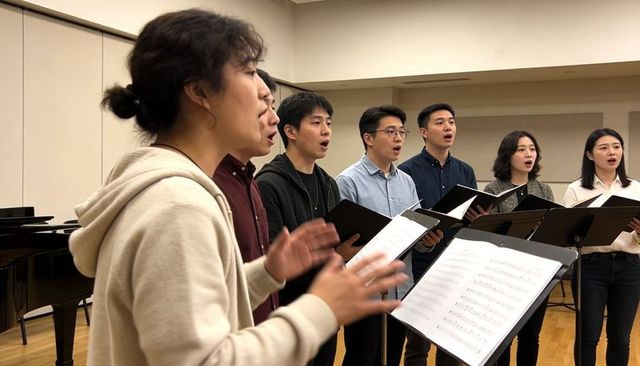Young adult choir rehearsing with conductor, open sheet music and grand piano collaboration
