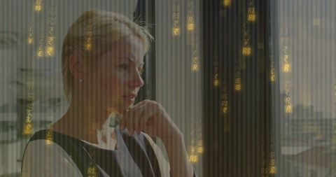 Executive pondering finance with digital currency symbols