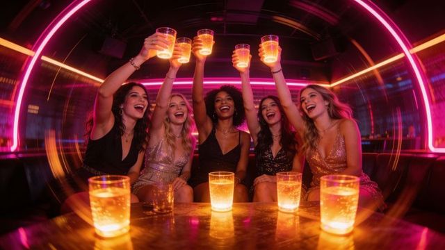 Friends toasting glowing orange cups in neon sequin party booth