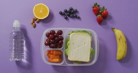 Healthy Packed Lunch with Fruits and Vegetables on Purple Background
