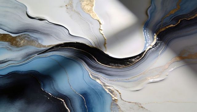 Flowing blue and gold resin art with glossy agate veins