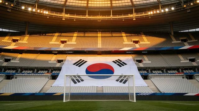 South korea taegukgi draping over empty stadium seats behind soccer goal at golden hour