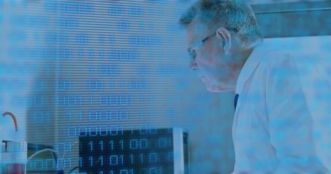 Senior scientist analyzing binary data overlay on laboratory workstation with vial and monitor