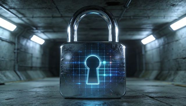 Glowing Chrome Padlock with Holographic Keyhole in Concrete Tunnel Cybersecurity Concept