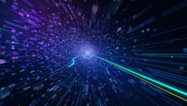 Streaming Particle Tunnel Racing Toward Vanishing Point with Neon Ribbon Path