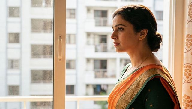 Contemplative woman wearing orange gold-border saree standing by balcony window at home