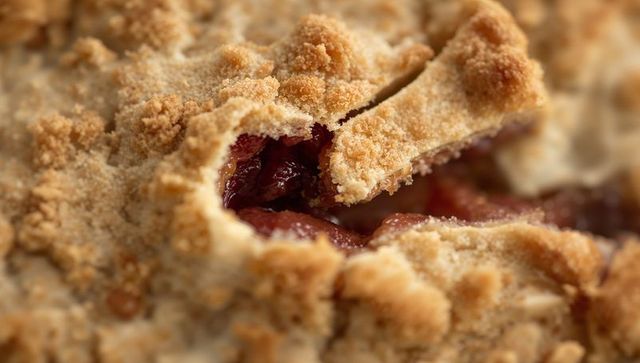 Macro cherry crumble revealing glossy fruit filling under golden crumbly streusel crust