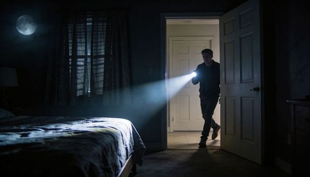 Man searching bedroom with flashlight at night entering doorway casting moonlit beam
