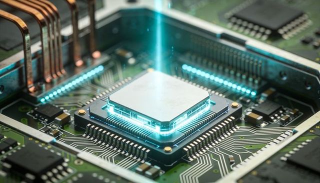 High-performance microprocessor emitting cyan beam on motherboard with detailed circuitry