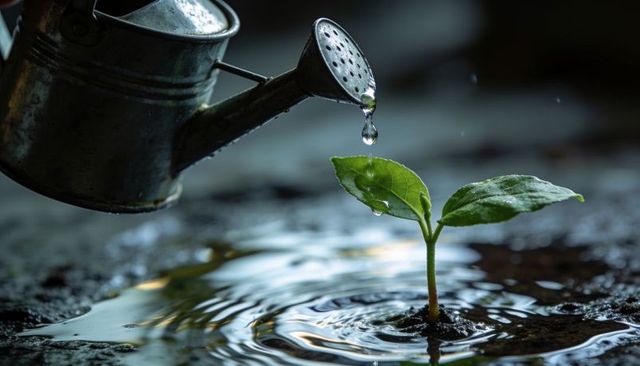Watering tiny seedling with gentle droplets creating ripples for nurturing plant growth