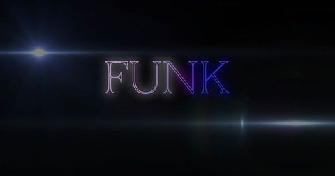 Glowing serif word funk emitting neon outline with purple-blue cinematic flare and haze