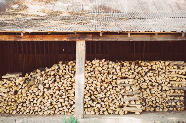 Stacked firewood in a rustic wooden shed, illustrating an organized and prepared approach to firewood storage. Ideal for use in articles or marketing materials related to rural living, sustainability, natural resources, or outdoor preparation. Can be used as a visual aid in discussions about lumber storage, countryside lifestyle, or self-sufficient living.