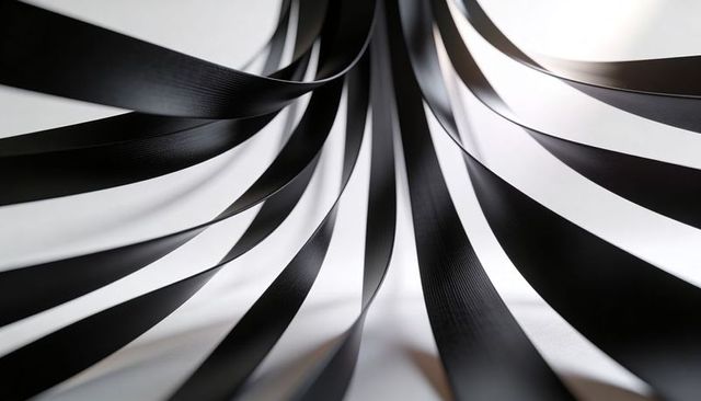 Flowing black ribbon arches creating monochrome radial sculpture with soft shadows