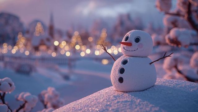 Cheerful Snowman at Dusk with Festive Lights in Winter Wonderland