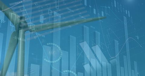Financial Data Overlay with Wind Turbines and Renewable Energy Concept