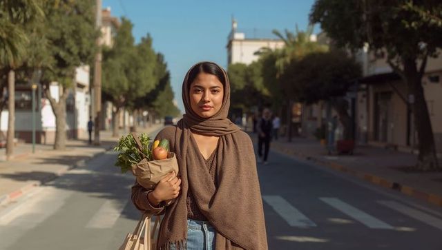 Sunlit muslim woman in brown hijab carrying groceries and tote on quiet urban crosswalk