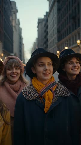 Friends strolling and smiling on urban avenue at dusk wearing hats and scarves