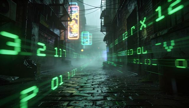 Cyberpunk rainy alley with glowing green data streams, wet cobblestone