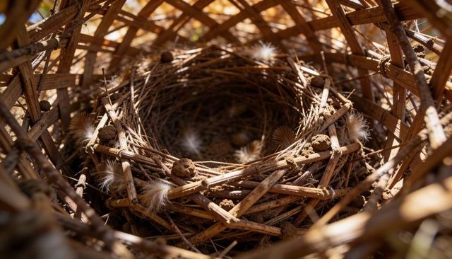 Sunlit woven basket nest showing down feathers, seed pods and intricate lattice weave