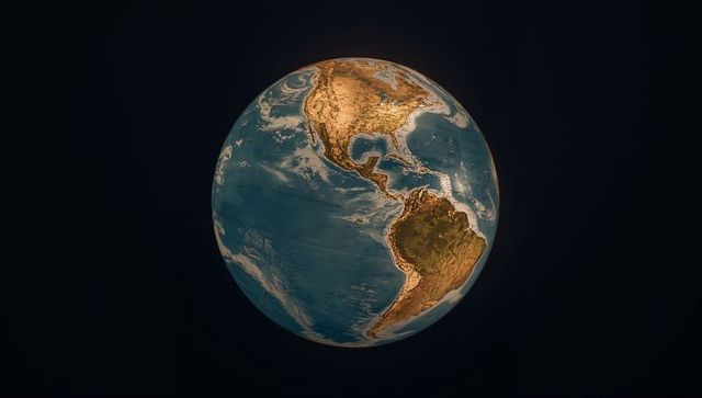 Floating golden earth showing illuminated americas, ocean currents and cloud bands for space design