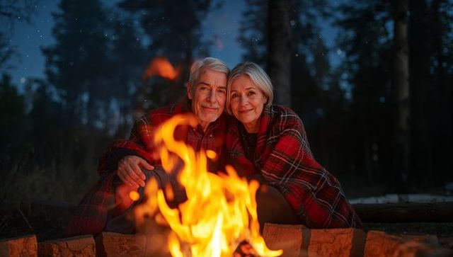 Senior couple cuddling by campfire at night wrapped in red plaid blanket in forest