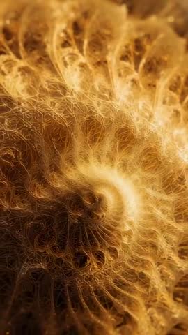 Vertical macro video revealing golden spiral of filaments and organic fiber texture