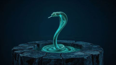 Glowing king cobra emerging from stone circle in fantasy scene