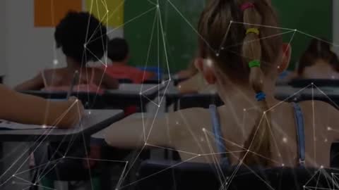 Students Busy Awaiting Teacher in Classroom with Digital Network Overlay