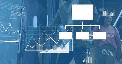 Translucent data dashboards displaying on office glass with team collaborating on analytics