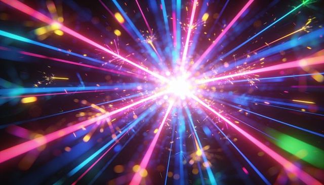 Radiating neon burst of colorful light rays with golden sparks and bokeh glow abstract