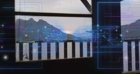 Balcony frame overlooking fjord at dusk with futuristic blue data overlay