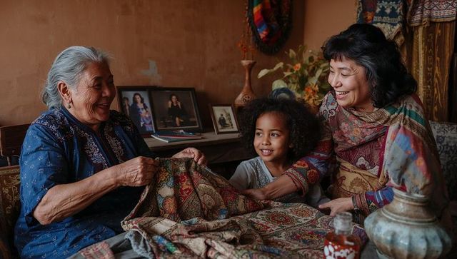 Grandmother, mother and daughter sharing woven textile, smiling over embroidered fabric