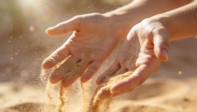 Hands releasing golden sand slipping through fingers at sunlit beach with warm sun flare