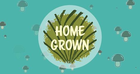 Home grown organic food illustration with mushrooms and green text