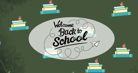 Welcome back to school greeting with book icons on green background
